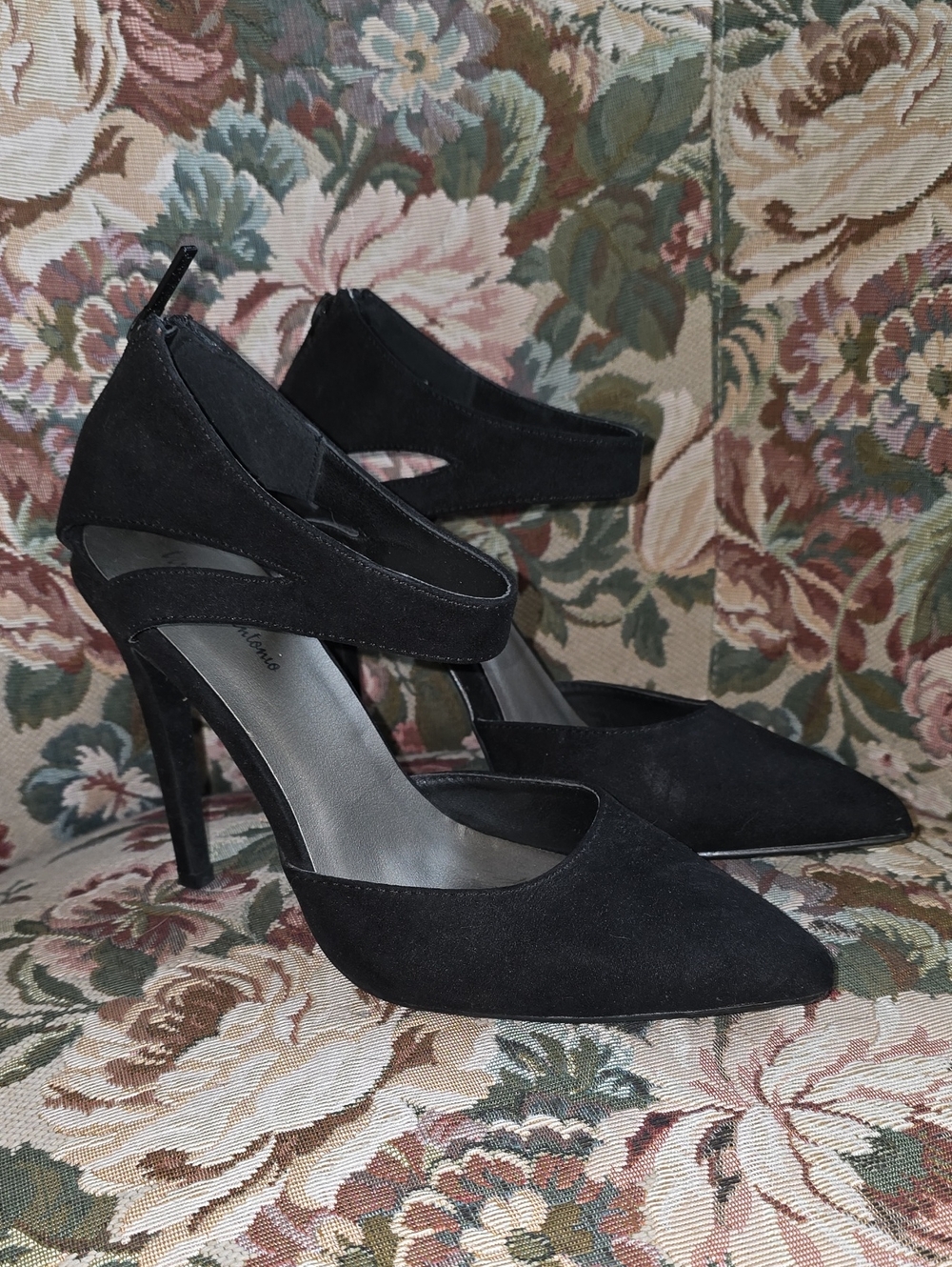 Black Faux Suede Pointed Toe Ankle-Strap Stiletto Heels